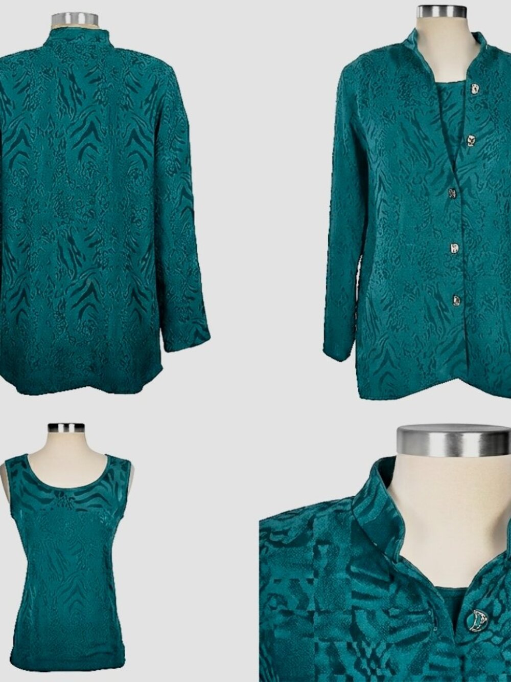 Susan Graver 2 piece Animal Jacquard Mandarin Collar Blouse & Tank Set Green 1X
